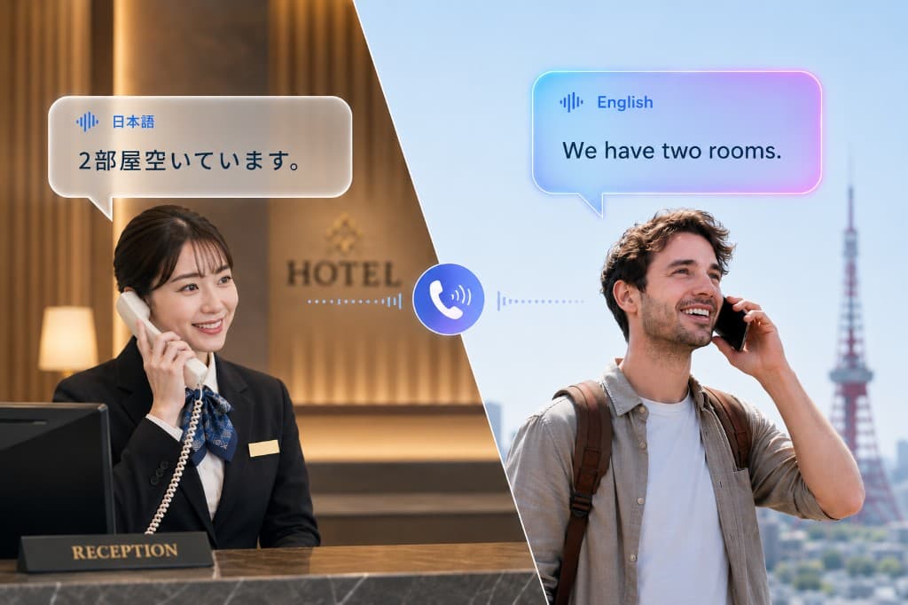 多言語の問い合わせを日本語で受けるイメージ