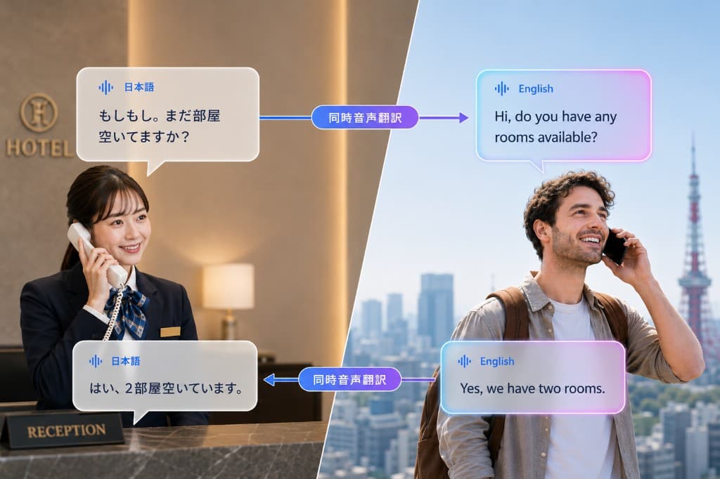 ホテル受付スタッフと海外ゲストが同時音声翻訳で会話するイメージ